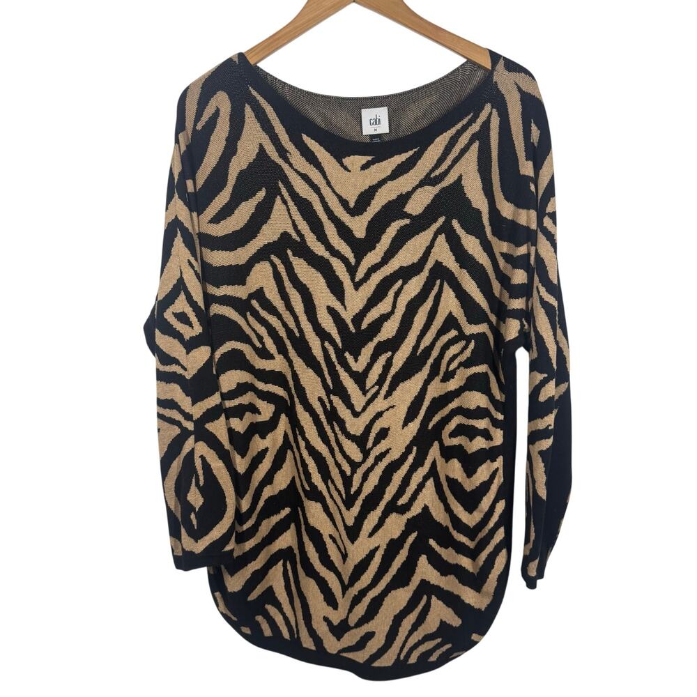 Cabi Sweater Women Size M Black Brown Zebra Print Long Sleeve Modest Career Work